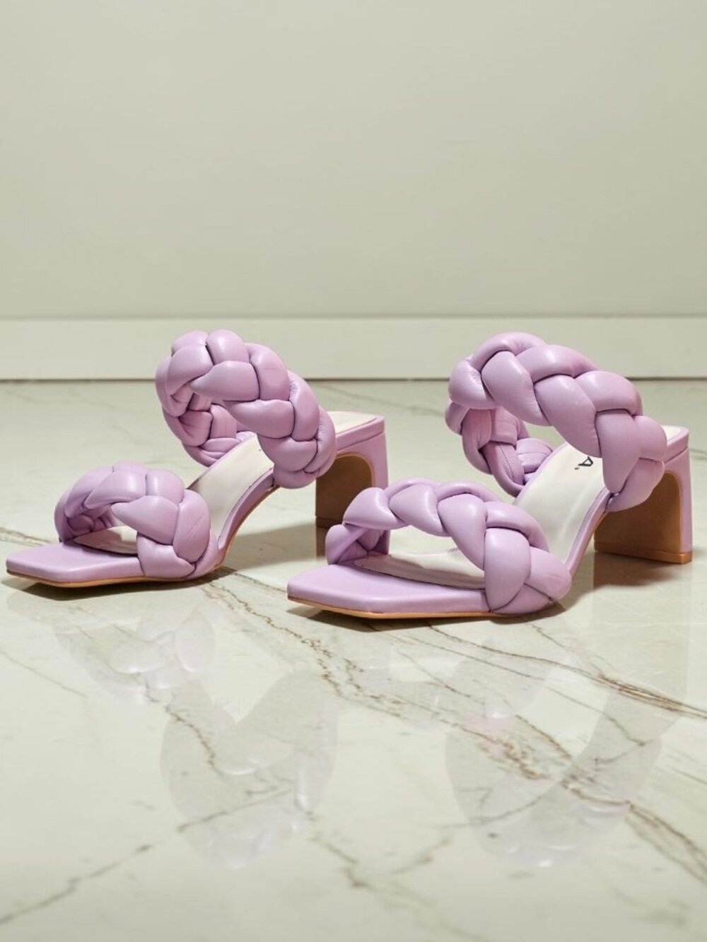 Braided Strap Lilac Block Heel Sandals For Women Square Toe Design With Faux Lea